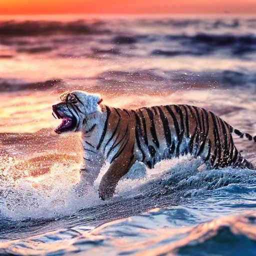 Image similar to a closeup photorealistic photograph of a cute smiling tiger bichon puppy splashing in the surf during sunset. professional capture, well lit shot. this 4 k hd image is trending on artstation, featured on behance, well - rendered, extra crisp, features intricate detail, epic composition and the style of unreal engine.