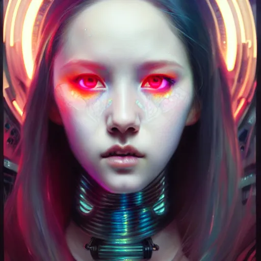 Image similar to portrait painting of cyberpunk olivia hye from loona, ultra realistic, concept art, intricate details, eerie, highly detailed, photorealistic, octane render, 8 k, unreal engine. art by artgerm and greg rutkowski and magali villeneuve and alphonse mucha