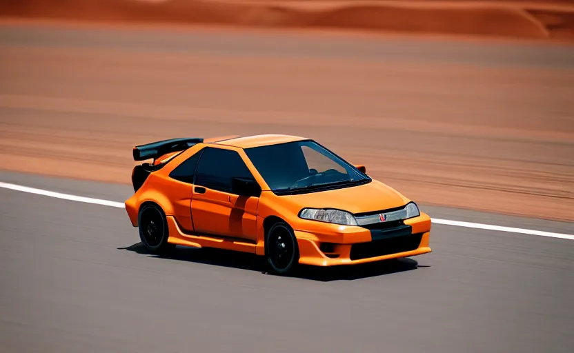 Image similar to photograph of a cell-shaded orange Honda EK9 Type-R, speeding on a desert road with a futuristic city in the horizon, kicking up dirt, action shot, one point perspective, sigma 85mm f/1.4, 4k, depth of field, high resolution, 4k, 8k, hd, full color