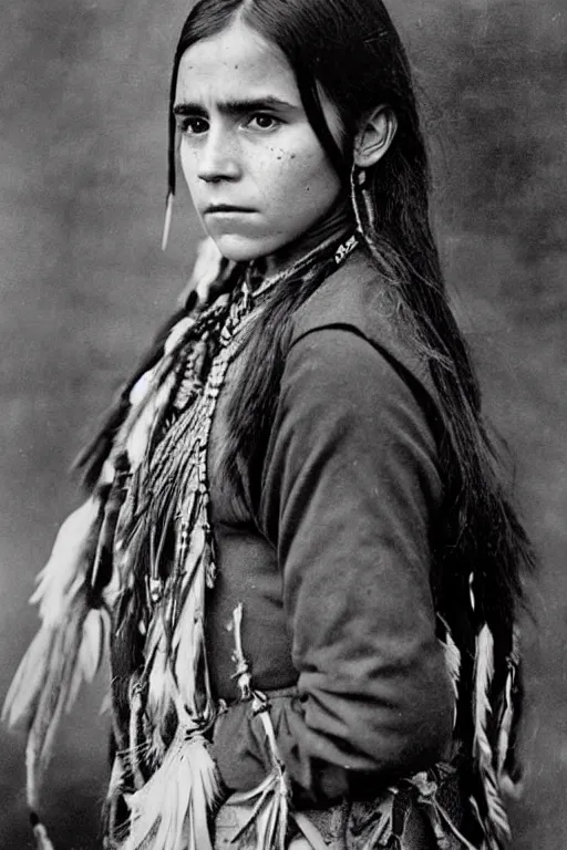 Image similar to “Photo of Native American indian woman Emma Watson, portrait, skilled warrior of the Chiricahua Apache, Lozen was the sister of Victorio a prominent Chief, showing pain and sadness on her face, ancient, realistic, detailed, emma watson”