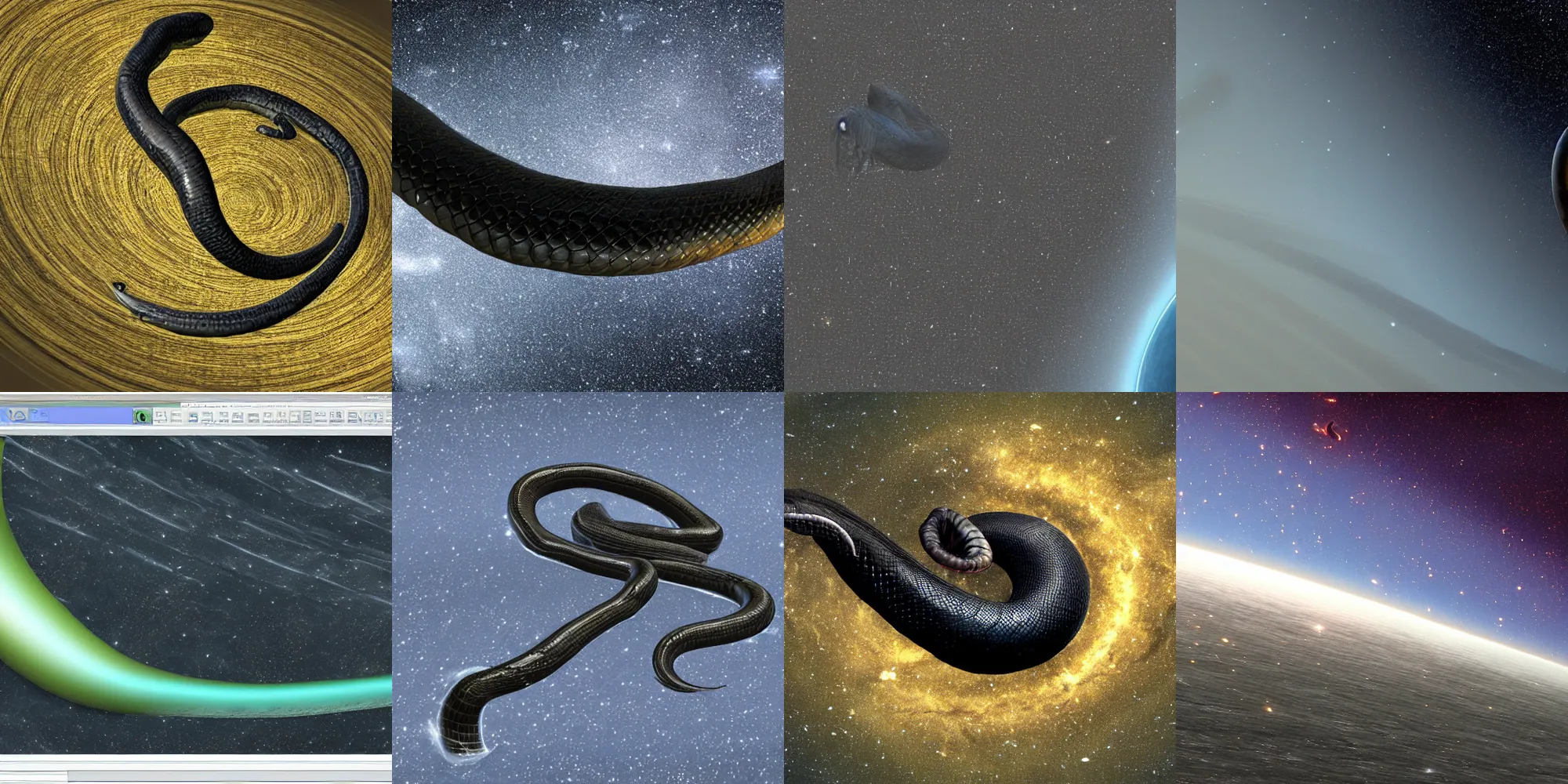 Prompt: a black anaconda swallowing the universe 8k hyper realistic physics modeling