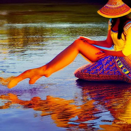 Image similar to beautiful egypt beautiful woman relaxing on sunset river with yellow coloured fish, coloured high detailed photo, sunset