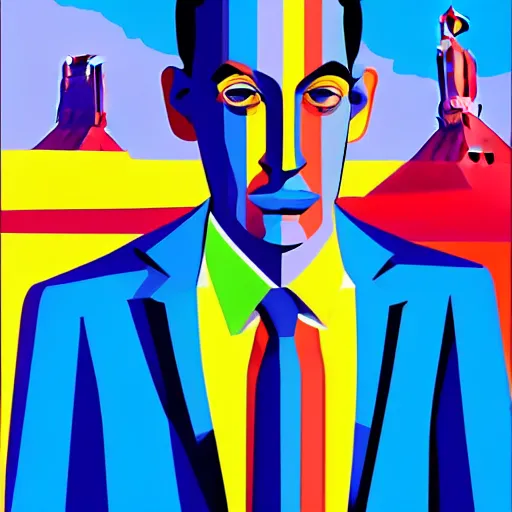 Image similar to ultra realistic portrait ofa man in suit in a studio, ultra detailed, under blue, red and yellow cinematic lighting, escher, cartoon, monument valley, salvador dali