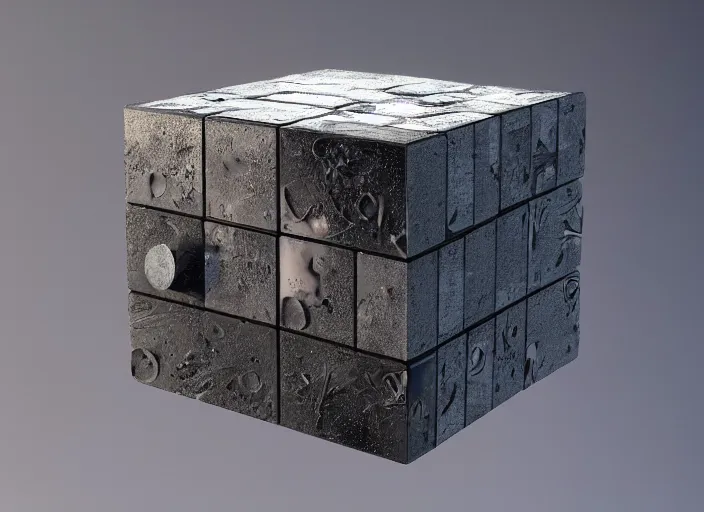 Image similar to rubic's cube made out of moon on space, au naturel, hyper detailed, digital art, trending in artstation, cinematic lighting, studio quality, smooth render, unreal engine 5 rendered, octane rendered, art style by klimt and nixeu and ian sprigger and wlop and krenz cushart