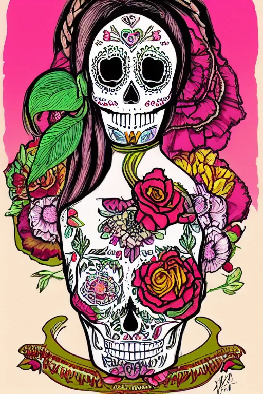 Image similar to illustration of a sugar skull day of the dead girl, art by handrikus schiffmacher