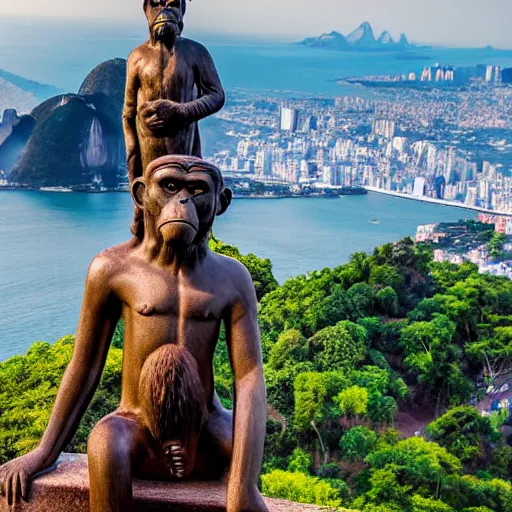 Image similar to high quality portrait of a monkey in front of Christ The Redeemer Statue, studio photograph, photograph, realistic photo, 8k photo, 4k photo, stock photo, high resolution, cinematic shot, high detail