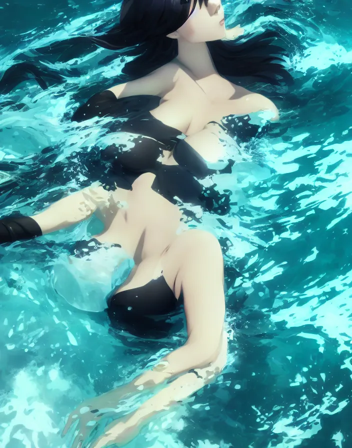 Prompt: a woman swimming underwater in a black bikini, matte, art by ilya kuvshinov and kyoto animation and ruan jia and ross tran, studio quality, aniplex,