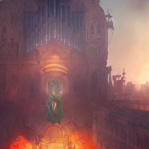 Image similar to portrait of a pipe organ facade surrounded by smoke, battle damage, sunset glow around head, full body portrait, intricate, elegant, highly detailed, digital painting, artstation, concept art, smooth, sharp focus, illustration, art by artgerm and greg rutkowski and alphonse mucha, background is a city in ruins