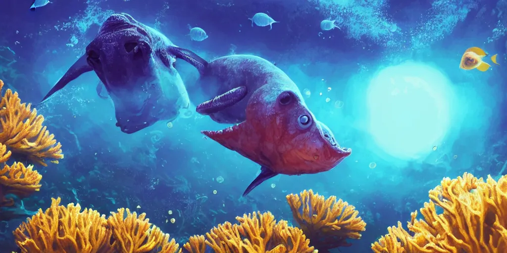 Image similar to photo of an extremely cute alien fish swimming an alien habitable underwater planet, coral reefs, dream-like atmosphere, water, plants, peaceful, serenity, calm ocean, tansparent water, reefs, fish, coral, inner peace, awareness, silence, nature, evolution, wide angle, super highly detailed, professional digital painting, artstation, concept art, smooth, sharp focus, no blur, no dof, extreme illustration, Unreal Engine 5, Photorealism, HD quality, 8k resolution, cinema 4d, 3D, beautiful, cinematic, art by artgerm and greg rutkowski and alphonse mucha and loish and WLOP