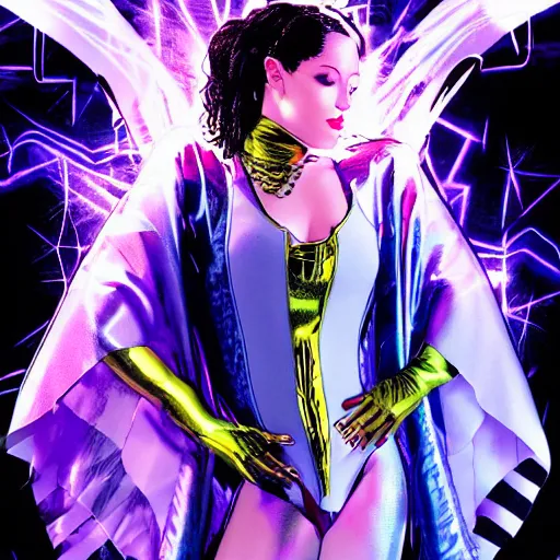 Image similar to Portrait of VelvetTrue-Beatz Disco-TEcha Dancer, flowing cape, marvel armor, graphic novel, art by Ardian Syaf