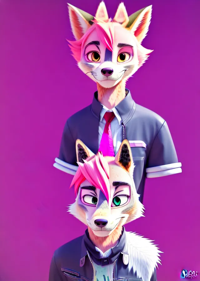 Image similar to portrait of a cute male anime wolf with pink hair and pink wolf ears and freckles stylish clothes in a city in the style of zootopia, volumetric lighting, subsurface scattering, photorealistic, octane render, random artists