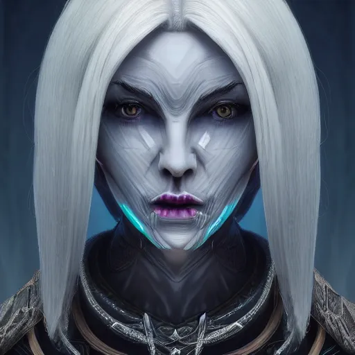 Prompt: portrait of a dunmer dark elf woman with white hair pulled back and blue-grey skin standing inside velothi temple intricate portrait by Tooth Wu and wlop and beeple and Dan Mumford. Octane render, trending on artstation, greg rutkowski very coherent symmetrical artwork. Cinematic, hyper realism, high detail 8k