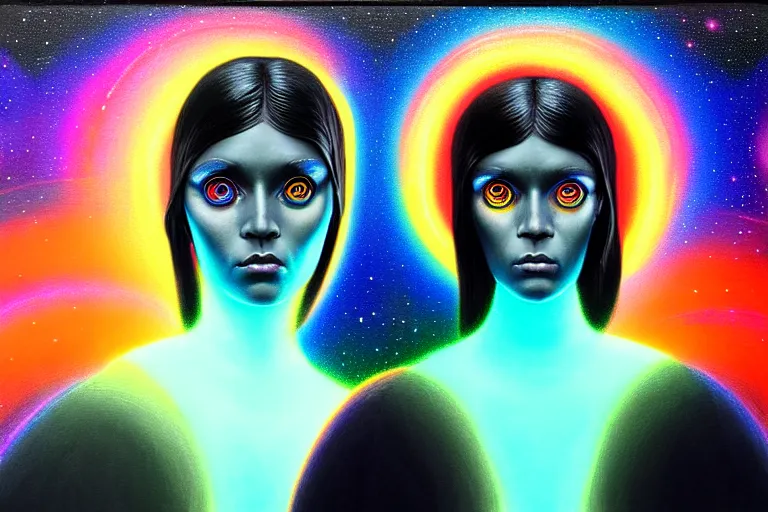 Image similar to patron saint of 🛸🌈👩🏾, futuristic iridescent clothing, wormhole, nebula, black hole, multiverse, neon god of city character portrait, in the style of margaret keane, moebius, tom bagshaw, and waterhouse, cinematic lighting, beautiful, elegant, oil painting,