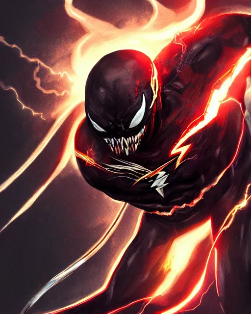 Image similar to venom as the flash, dynamic lighting, fantasy concept art, trending on art station, stunning visuals, creative, cinematic, ultra detailed, terrifying, black lightning, comic strip style