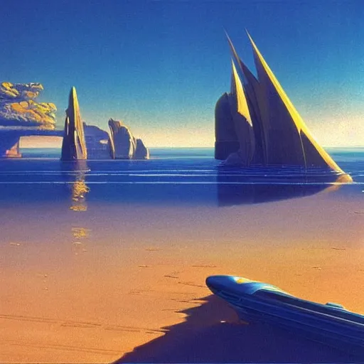 Prompt: golden shores of a blue dreamy ocean, sci - fi, daylight, blue sky, cinematic lighting, cinematic perspective, syd mead, john harris