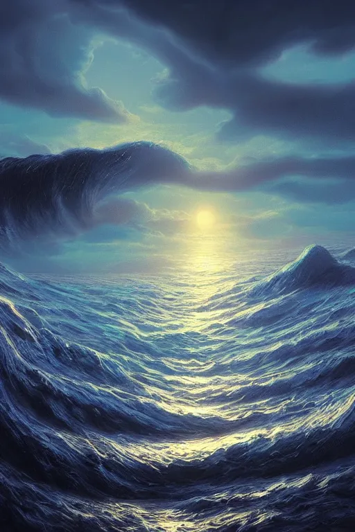 Image similar to digital matte fantasy dreamy seascape rocks waves moonlight, artstation, behance, 8 k by alex grey