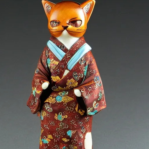 Prompt: demure anthropomorphic cat figurine wearing a kimono, brown resin, highly detailed