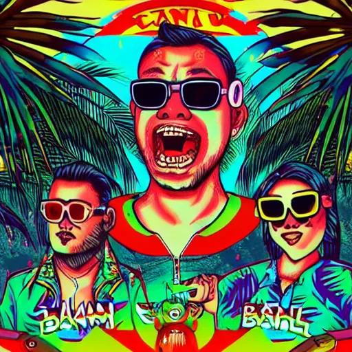 Prompt: barong family dj with two pioneer cdjs in water pool party, wearing ray - ban sunglasses and headphones, wiwek, mara demon, miami palm trees, dark, gorilla, inner glow, art by dan mumford and justin gerard