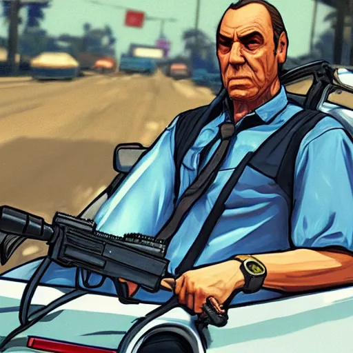 Image similar to old man in car holding gun, gta v art