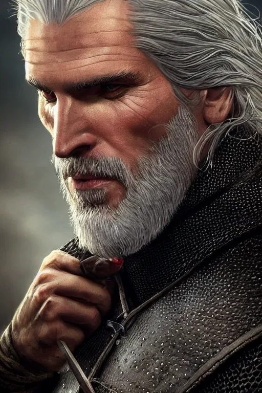 Prompt: photorealistic portrait photograph of geralt of rivia wearing an elegant tuxedo, depth of field, soft focus, highly detailed, intricate, realistic, national geographic cover, soft glow, textured, artstation, concept art, sharp focus, illustration, art by artgerm and greg rutkowski and alphonse mucha