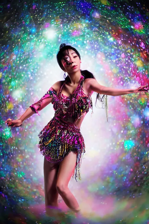 Prompt: digital render of a beautiful asian woman fully covered in clothes made out of jewels while dancing in the middle of a river, background is a black forest out of focus, art by Alberto Mielgo, low light, moonlight, highly detailed, 8k