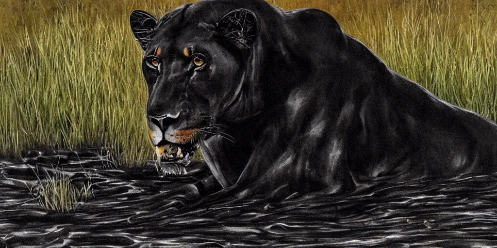 Image similar to a black lioness, made of smooth black goo, bathing inside the lake of black goo, viscous, sticky, full of tar, covered with black goo. painting, concept art, realism, animal drawing, color, savanna, wildlife photography, black goo