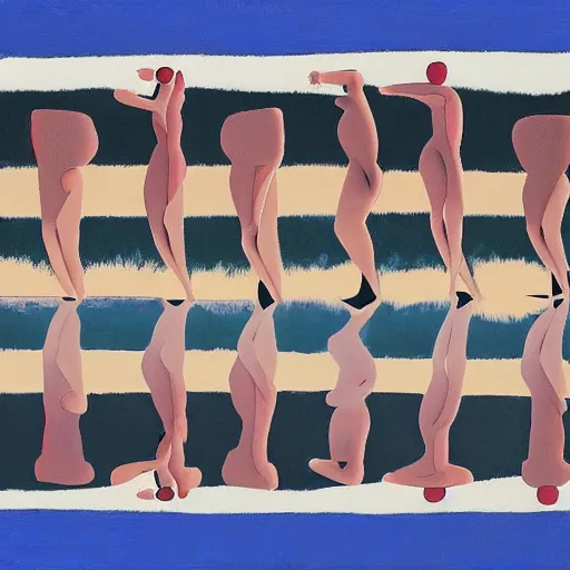 Image similar to soft, curvaceous by mati klarwein, by marsden hartley, by tatsuro kiuchi. a beautiful experimental art of a group of people standing in a line. they are all facing the same direction & appear to be waiting for something.