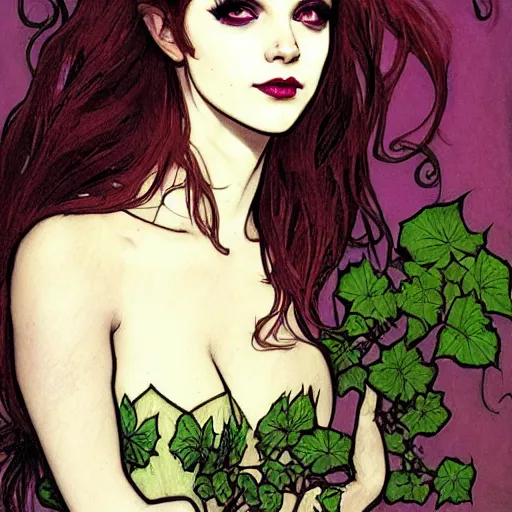 Prompt: a beautiful painting buffy the vampire slayer as poison ivy, dark eyeliner, intricate, elegant, highly detailed, digital painting, artstation, concept art, matte, sharp focus, illustration, art by rebecca guay and by arthur rackham and by alphonse mucha and by john william waterhouse