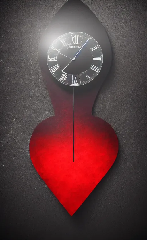 Image similar to a melting Roman numeral clock, behind a red and black gradient background, awith a black heart shaped on the top left corner and a black diamond card shape in the bottom right corner, dynamic lighting, photorealistic fantasy concept art, trending on art station, stunning visuals, cinematic, creative, ultra detailed