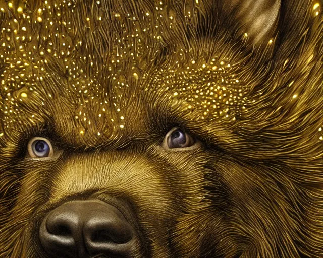 Image similar to Haunting horrifying hyperrealistic detailed painting of a fat dog canine creature made of spikes, heavy metal, disgusting, creepy, unsettling, and glowing golden yellow eyes, hyper detailed, trending on Artstation