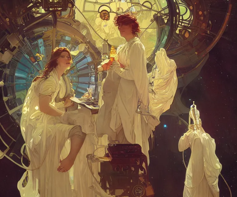 Image similar to Future godly calm scientists discover the cure on space station, elegant, intricate, beautiful, digital painting, artstation, concept art, smooth, sharp focus, by Alphonse Mucha