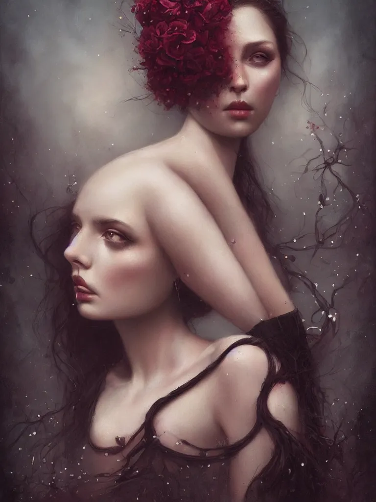 Image similar to a sad, beautiful woman painted by tom bagshaw