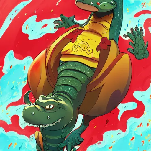 Image similar to in the style of artgerm, loish and ross tran, anthropomorphic alligator, red scales on his back, yellow scale on his belly and chest, male, waring a hawaiian shirt, in the style of zootopia