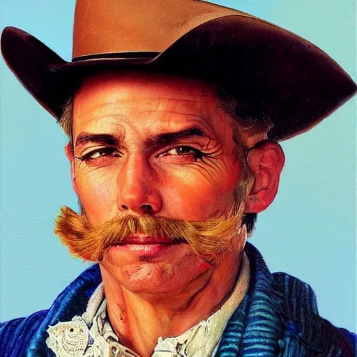 Image similar to portrait illustration of a man, cowboy hat, portrait, , wild west, fantasy, highly detailed, oil painting, illustration, art by Charles E. Chambers, J. C. Leyendecker and norman rockwell. Trending face portrait paintings