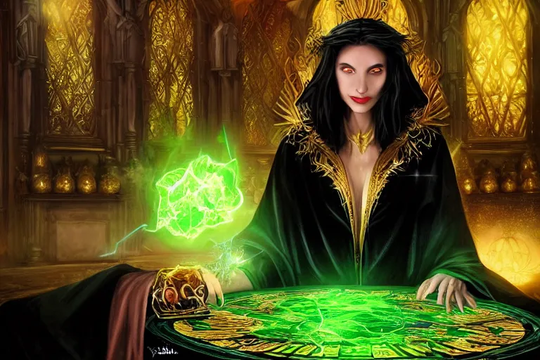 Prompt: a beautiful sorceress wearing a black robe with gold embroidery, sitting at table, casting a spell, green glows, painted by sharandula and artgerm, in the style of magic the gathering, highly detailed digital art