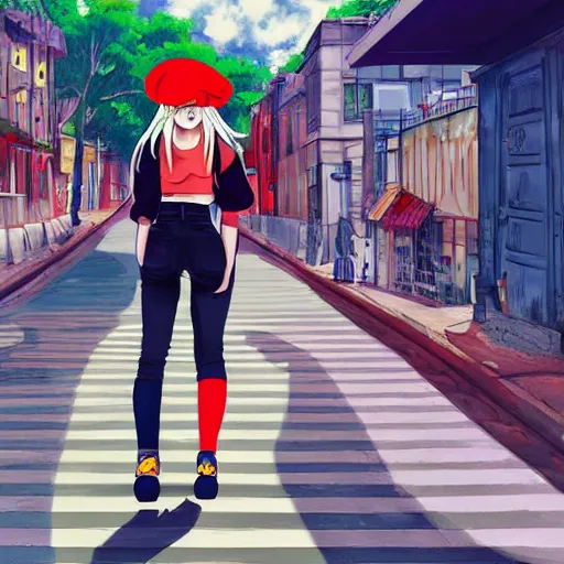 Image similar to Teenage girl, French girl, black beret, black beret with a red star, black shirt with red star, black leather shorts, rollerblading, rollerskates, city on a hillside, colorful buildings, anime, HD anime art