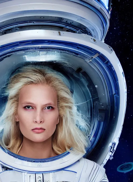 Image similar to closeup portrait of a blonde alien plejaren woman inside a spaceship wearing a space uniform, depth of field, zeiss lens, detailed, symmetrical, centered, fashion photoshoot, by annie leibovitz and steve mccurry, david lazar, jimmy nelsson, breathtaking, 8 k resolution, extremely detailed, beautiful, establishing shot, artistic, hyperrealistic, beautiful face, octane render