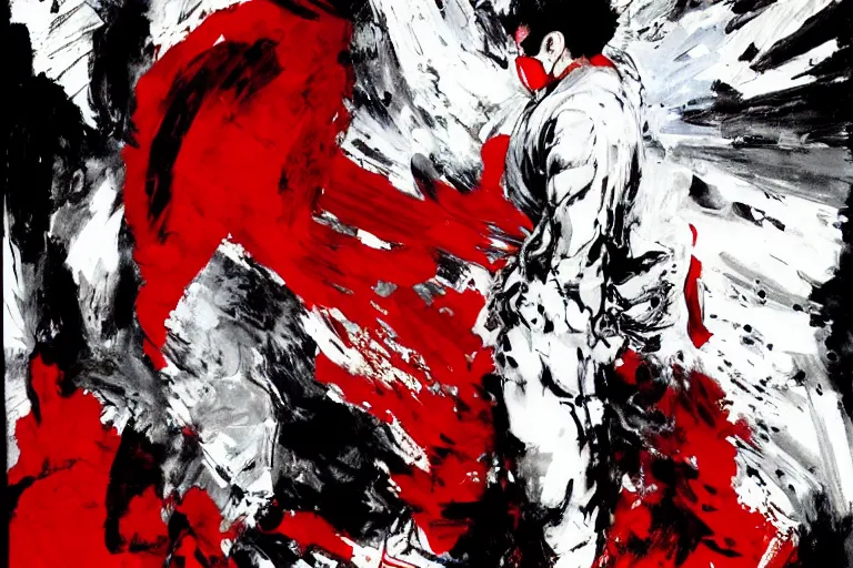 Image similar to movie screenshot of akira ( 1 9 8 8 ) tetsuo in a white superhero suit / mask and red cape, by ashley wood, yoji shinkawa, 6 0's french movie poster, french impressionism, palette knife and wide brush strokes, black and white only