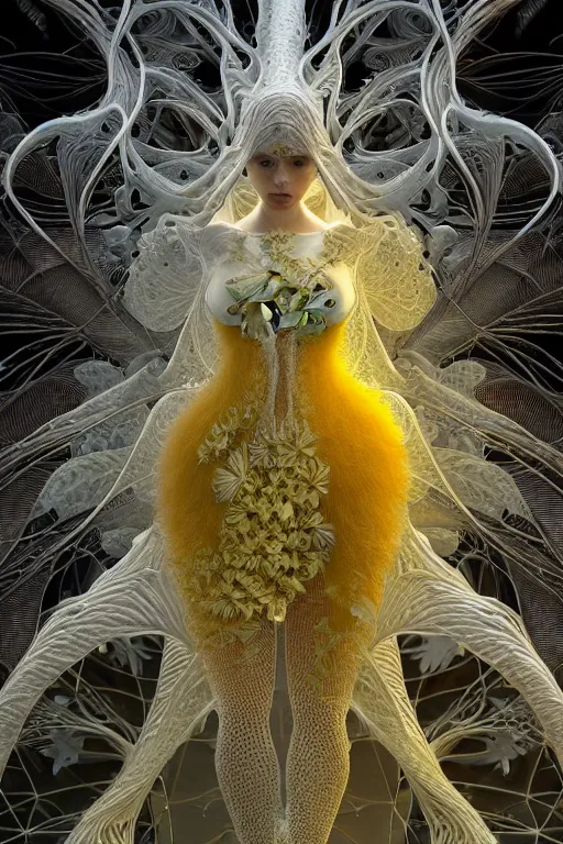 Image similar to intricate hyper detailed ultra sharp 3 d render, unity of mood, biomechanical cyborg ladies dancing, atmospheric, foliage, fractal, flowing, white large pore fungi, cyberpunk art nouveau, haute couture alexander mcqueen leaves stems dahlia blooming transparent fractal filigree roots, intricate details, octane render, volumetric cinematic lighting, natural beautiful light, yellow infrared, lumiol, 8 k,