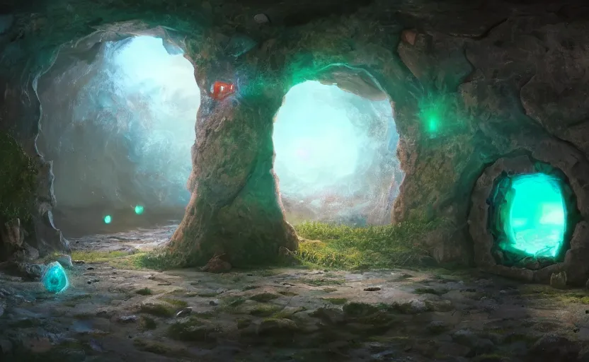 Image similar to a magical hole in the wall leads to an alternate dimension. painting, fantasy, magical particles, compute shader, soft lighting, 8 k, sharp focus, global illumination, paid artwork, portfolio, detailed and intricate environment