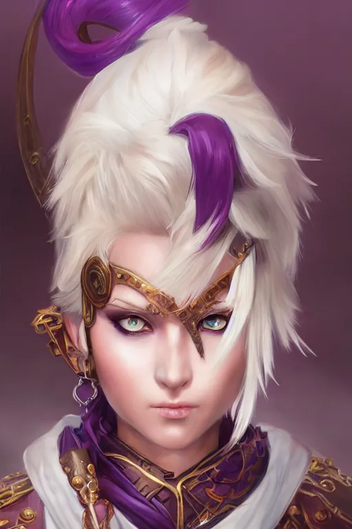Image similar to A realistic anime portrait of a short white haired female rogue wearing an intricate pirate outfit, middle eastern, purple eyes, digital painting, by Stanley Artgerm Lau, Sakimichan, WLOP and Rossdraws, digtial painting, trending on ArtStation, SFW version