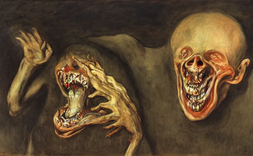 Prompt: a teratoma in the middle of a museum room realizing that he has consciousness his misshapen face expresses horror painted by edward hooper and goya and francis bacon