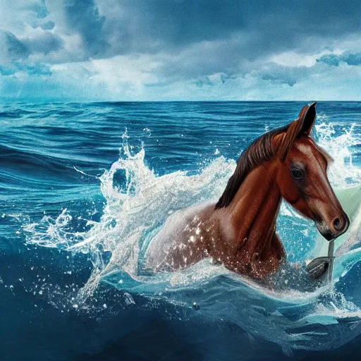 Image similar to horse swimming in the ocean with fork and knife, photorealistic, high detail