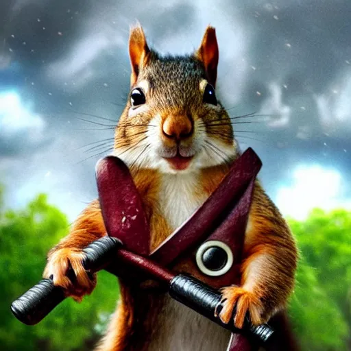 Image similar to a squirrel with thor outfit ~ holding the hammer ~ photorealistic ~ dramatic thunder background ~ trending ~