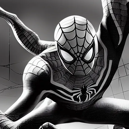 Image similar to concept render of a spiderman with black and white stripes by cedric peyravernay and leon tukker