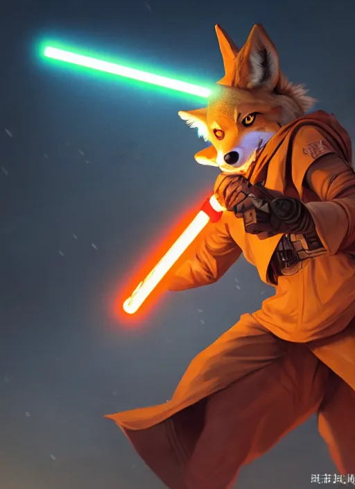 Image similar to character portrait of a anthro coyote fursona wearing jedi robes wielding an orange lightsaber in a cyberpunk city at night while it rains. hidari, color page, tankoban, 4K, tone mapping, Akihiko Yoshida.