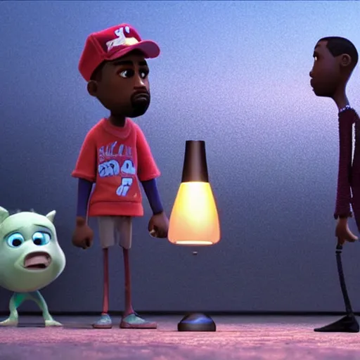 Prompt: a cinematic film still from a 2022 Pixar movie starring Kanye West, in the style of Pixar, shallow depth of focus