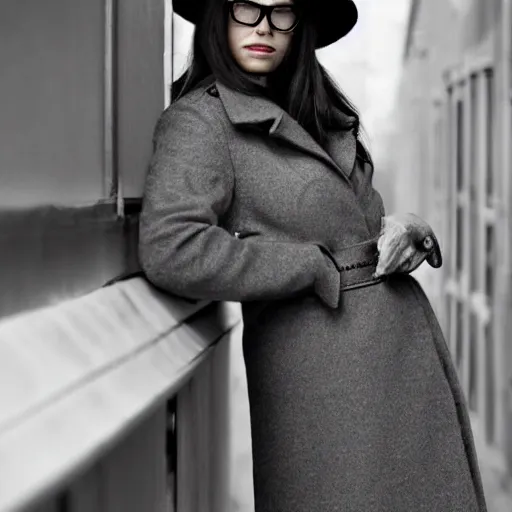 Prompt: a noir female detective in a gray coat, hat and glasses leans against the wall and lights up,