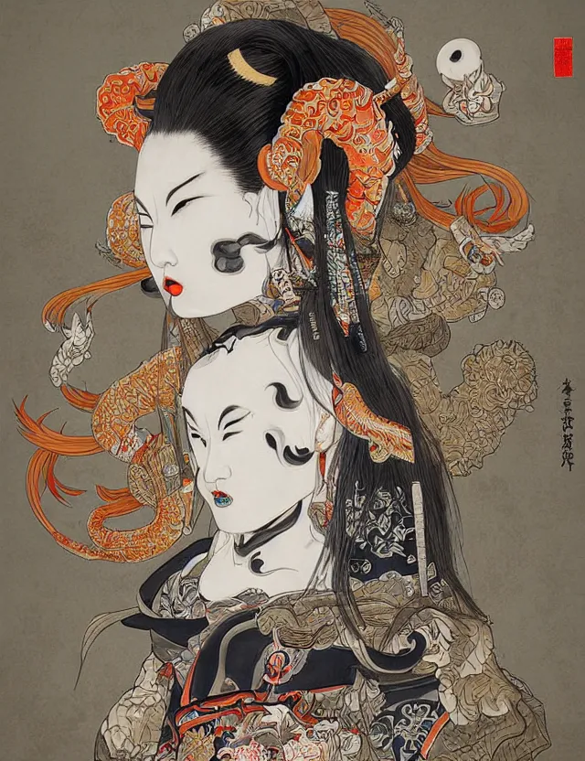 Prompt: portrait beautiful samurai goddess with ram skull. beautiful intricately detailed japanese kitsune mask and classical japanese kimono, koi fish, jellyfish, bio luminescent, plasma, artwork by tooth wu and vania zouravliov