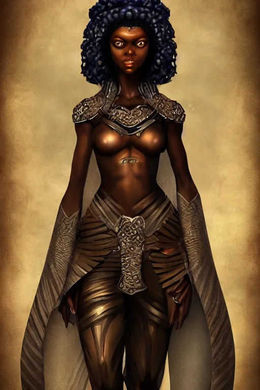 Image similar to beautiful ninja african princess with an afro. wearing cloak, medieval body armor, artgerm, trending on artstation, character concept art, border and embellishments inspired by giger.